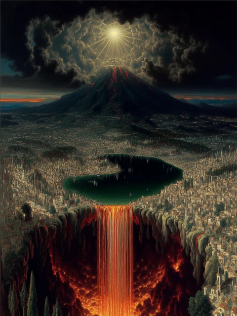 Dramatic fantasy landscape of a volcano overlooking a city and lake, with fiery waterfall, against a cloudy, sunlit sky.
